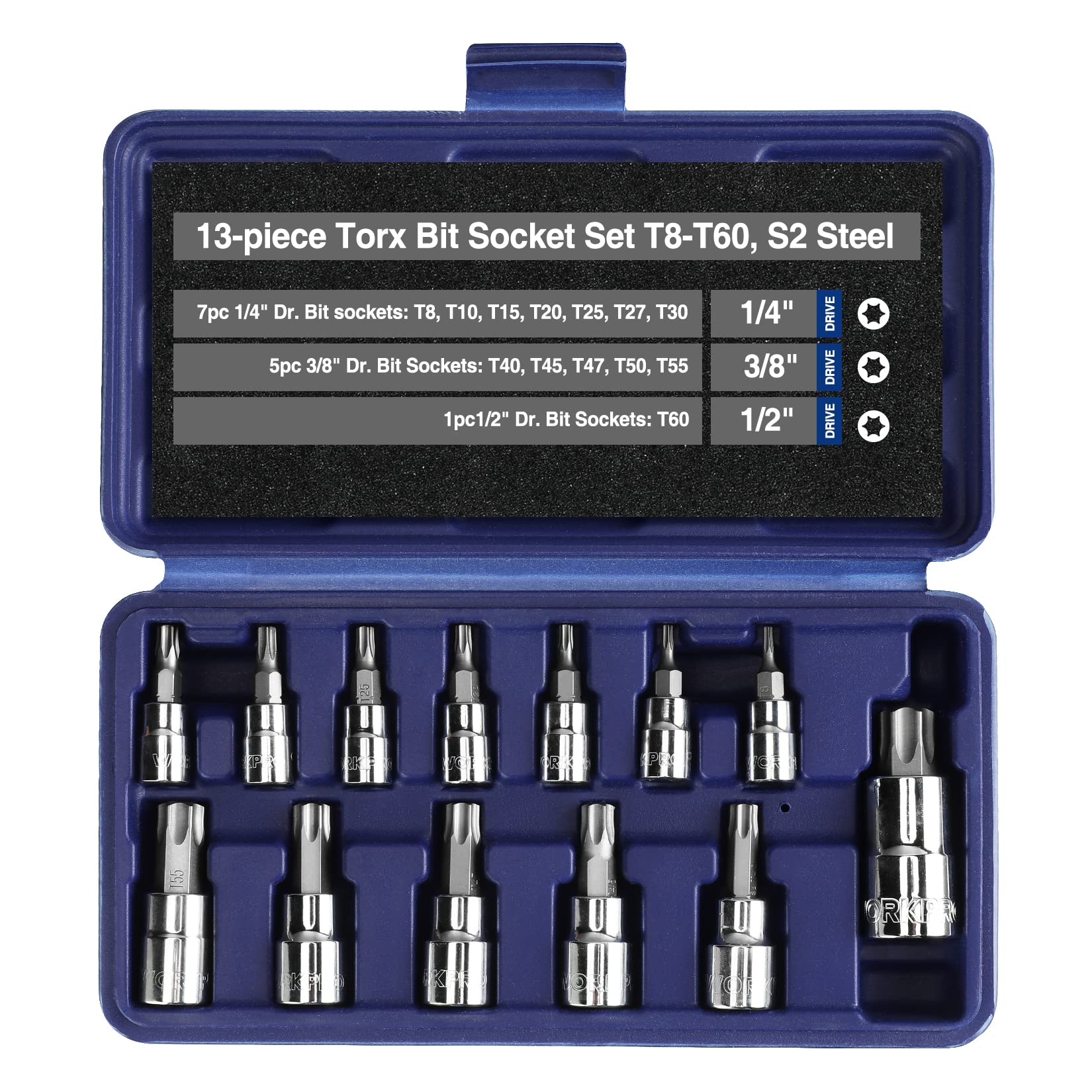 WORKPRO torx bit socket set in case open for easy access and viewing.