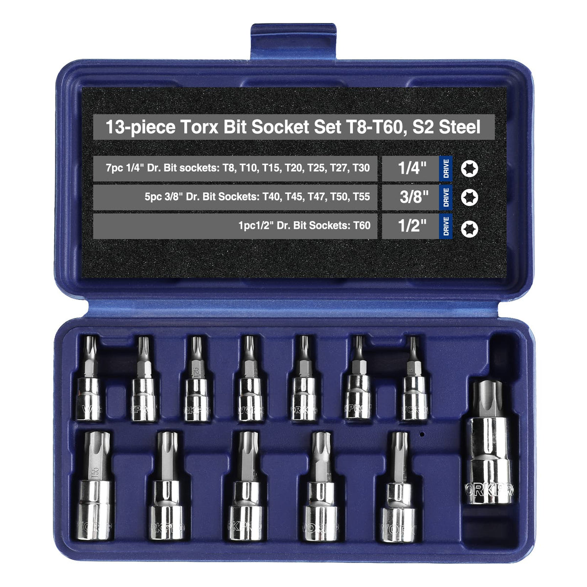 WORKPRO torx bit socket set in case open for easy access and viewing.