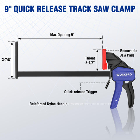 WORKPRO track saw clamp quick-release button for fast setup.