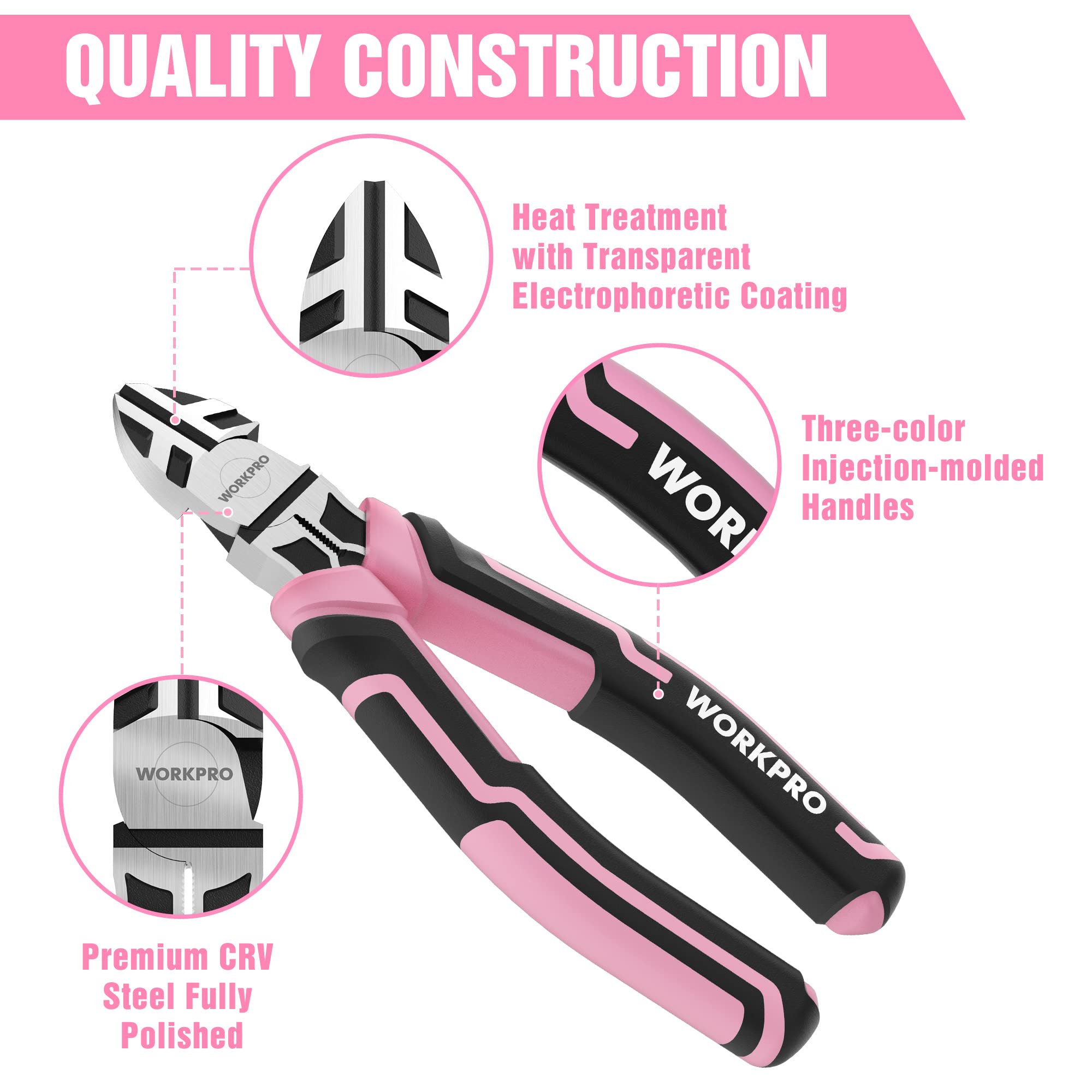 WORKPRO tri-material handle pliers enable comfortable, fatigue-free use.