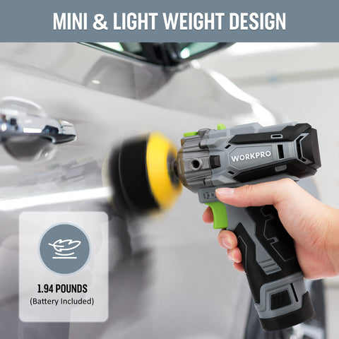 WORKPRO two batteries and fast charger support long polishing sessions.