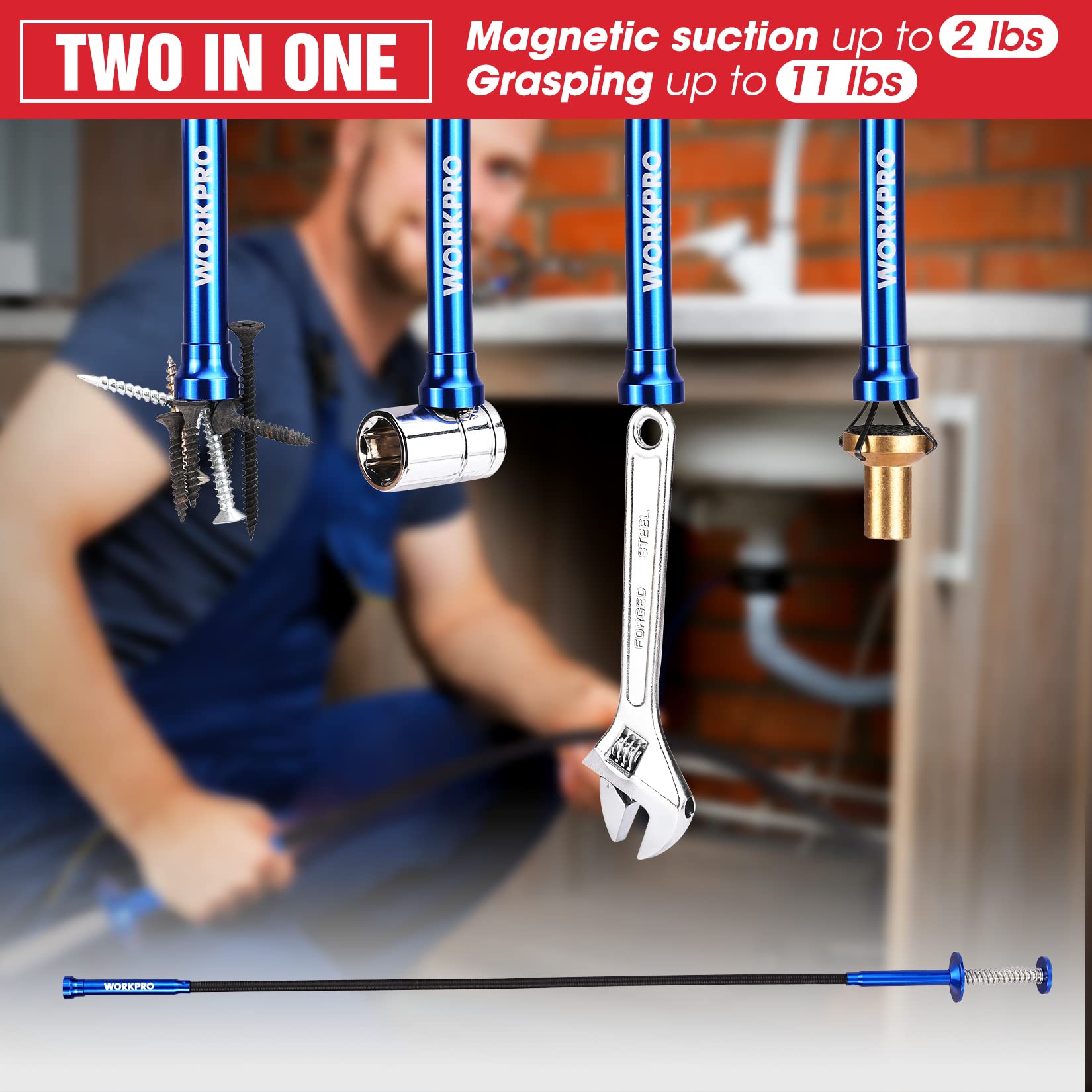 WORKPRO ultra-slim pickup tool fits tight gaps at 2.7 inches