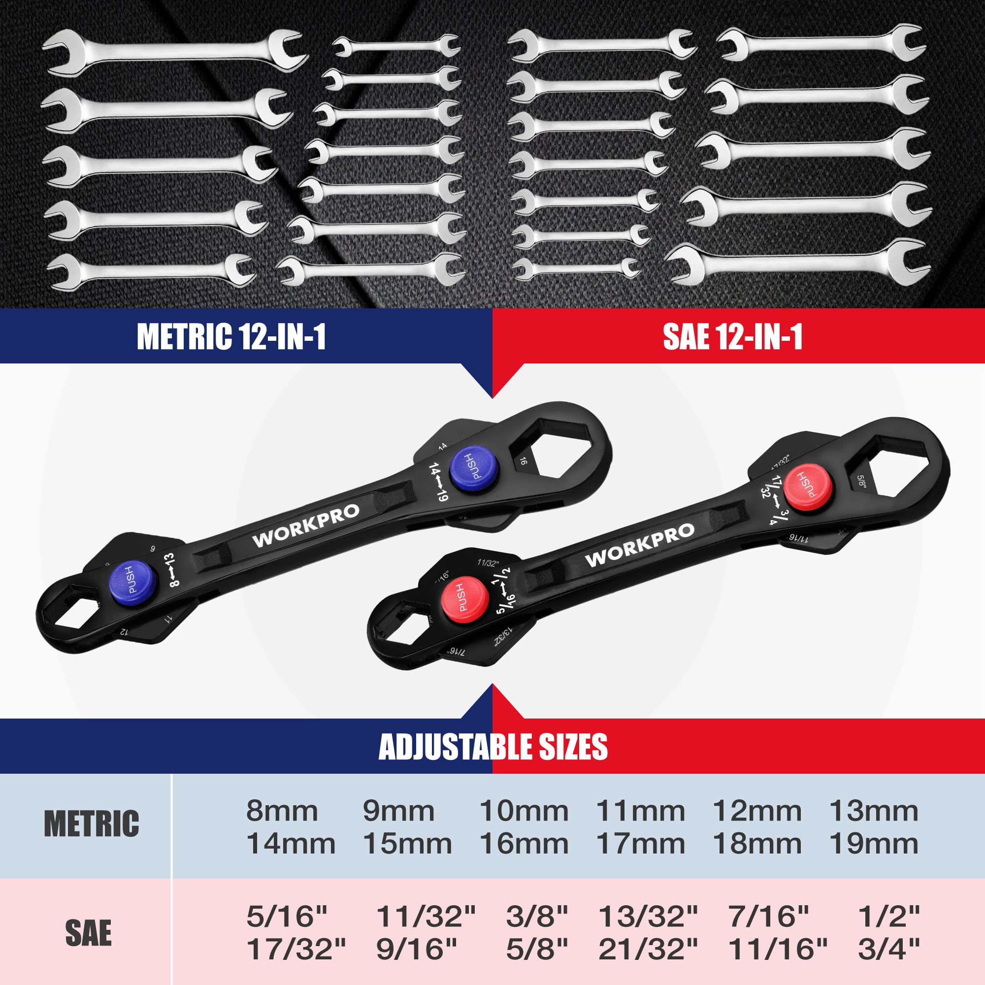 Workpro universal wrench with quick size switching for fast metric sizing.