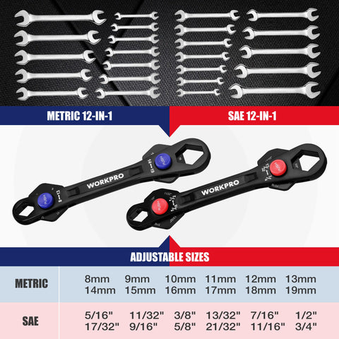 Workpro universal wrench with quick size switching for fast metric sizing.