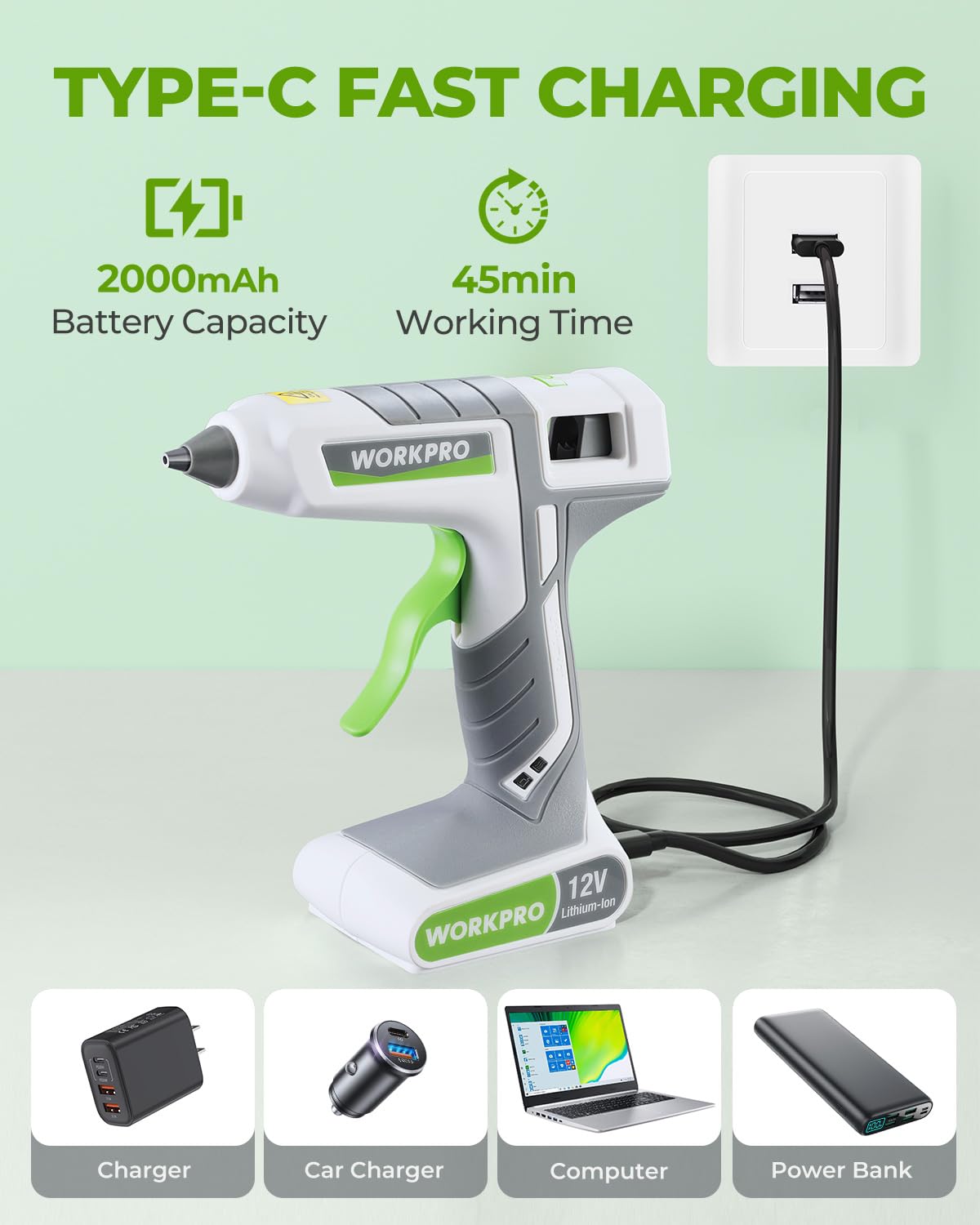 WORKPRO USB-C charging enables convenient recharging anywhere