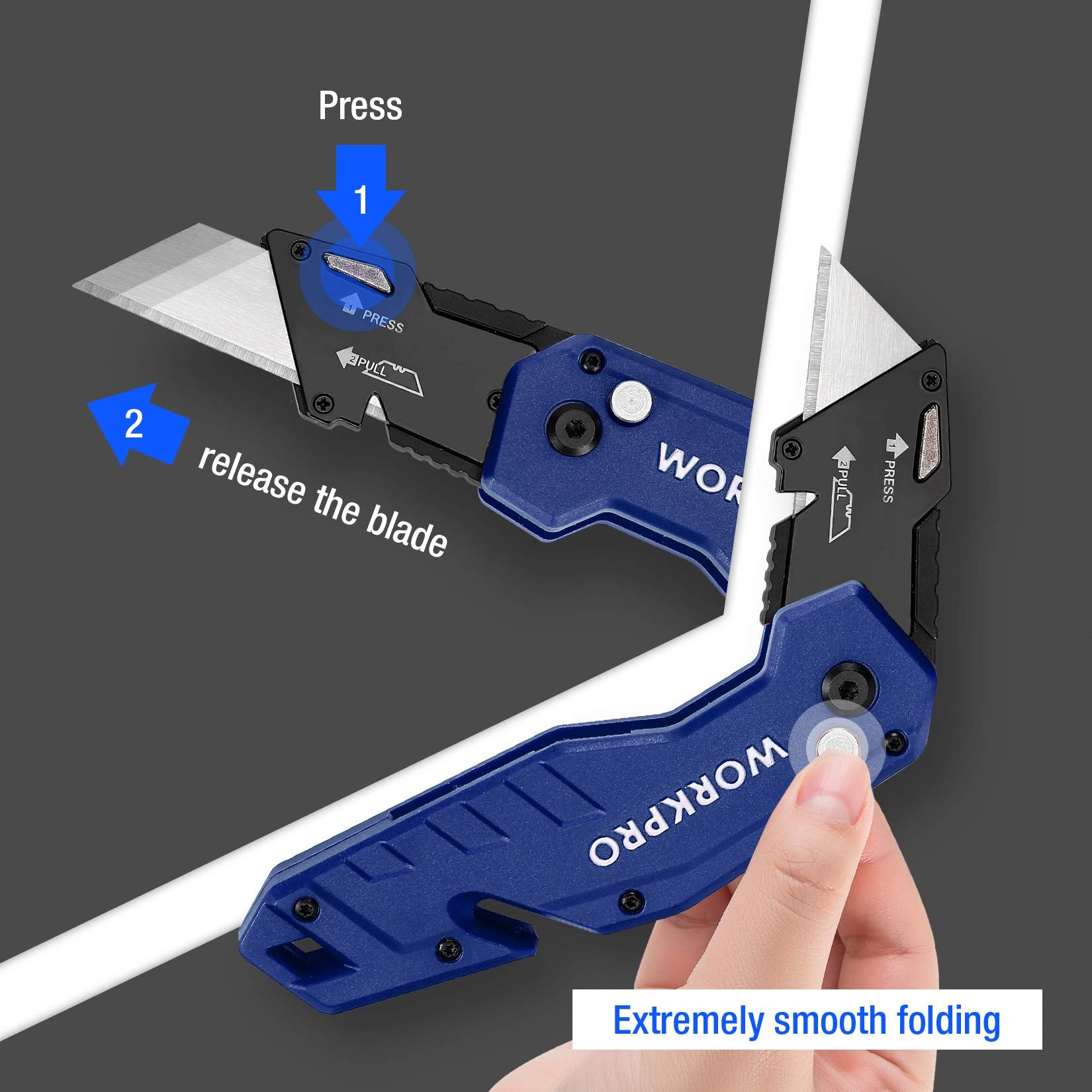 WORKPRO utility knife with quick-change blades for effortless replacements on busy job sites.
