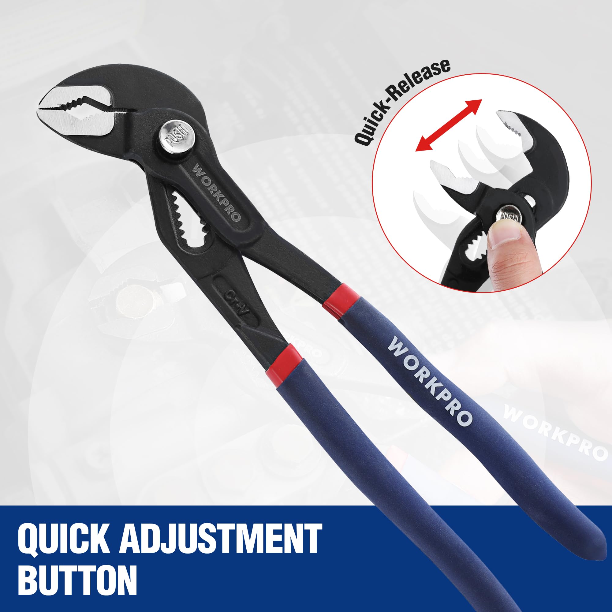 WORKPRO V-Jaw design with angled teeth for a secure hold.