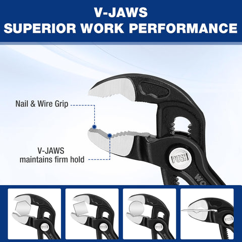 WORKPRO V-Jaw design secures fasteners of varied shapes.