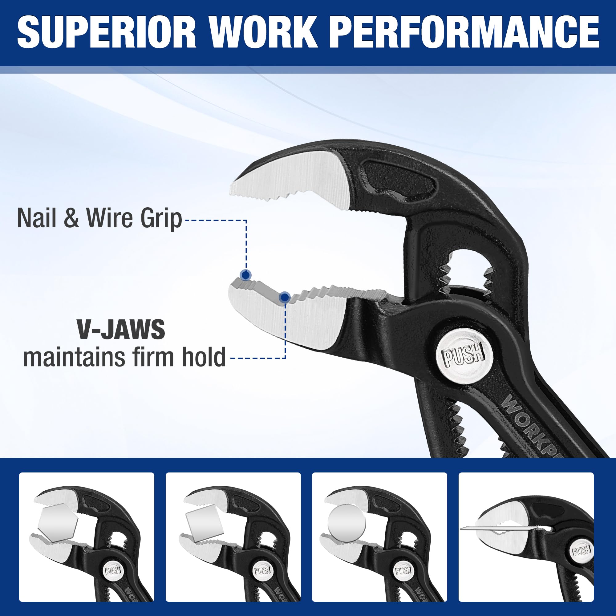 WORKPRO V-jaw with serrations grips varied fasteners securely