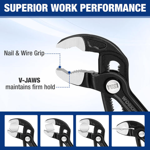WORKPRO V-jaw with serrations grips varied fasteners securely