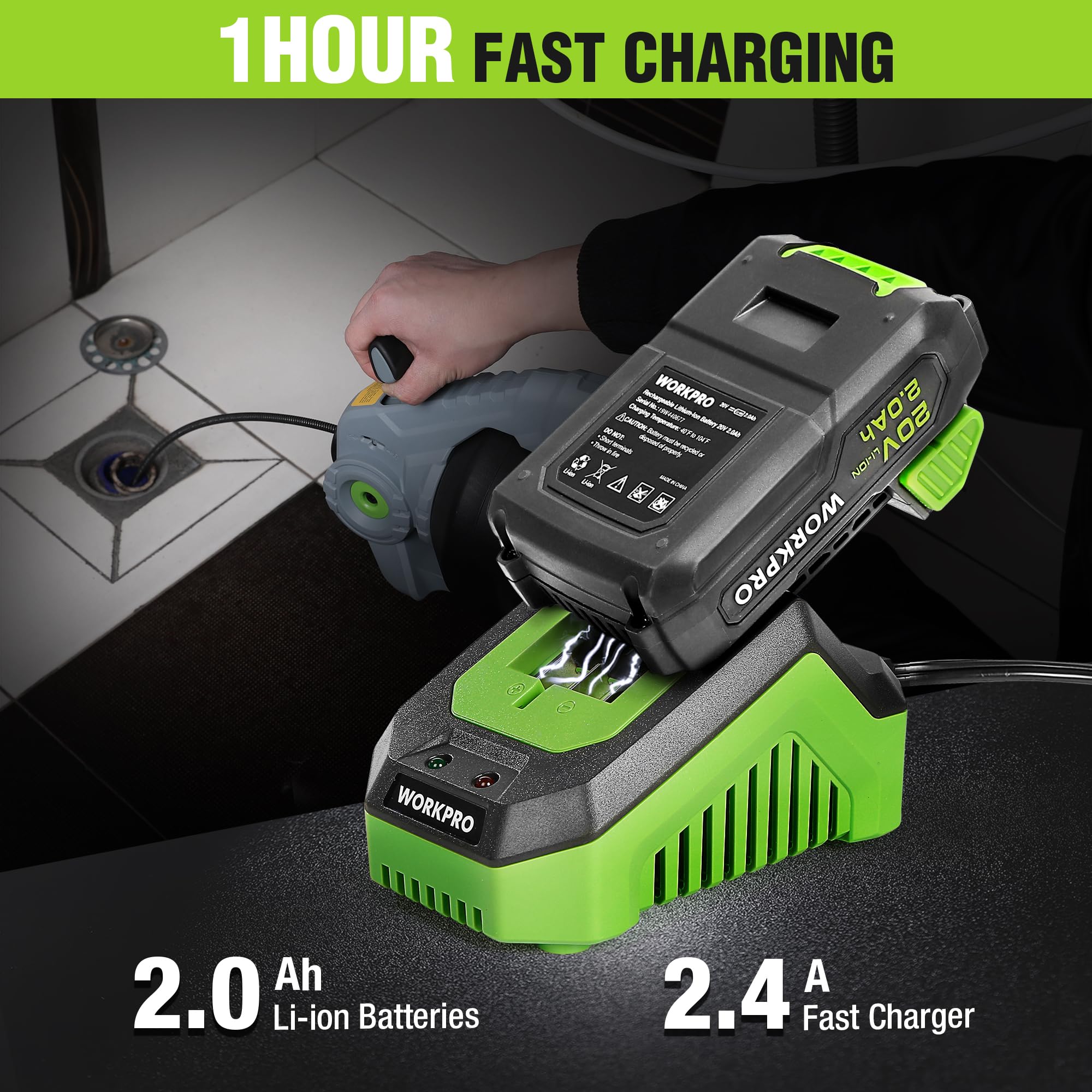 WORKPRO LED work light improves visibility in dark drain spaces.