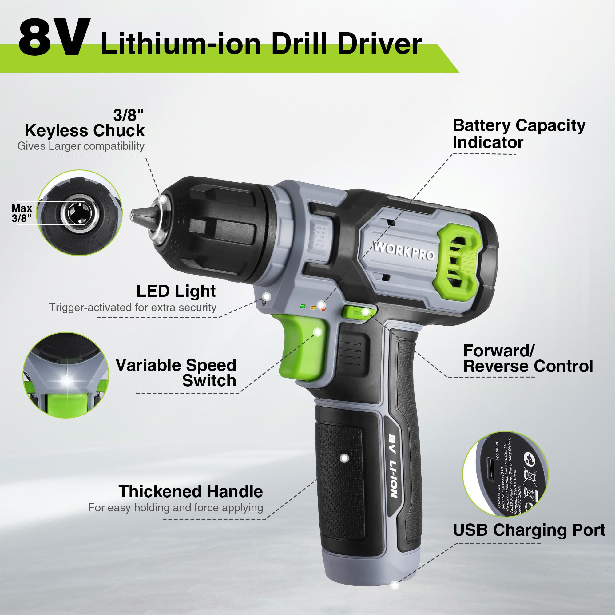 WORKPRO variable speed trigger provides control from 0 to 800 rpm for accuracy.