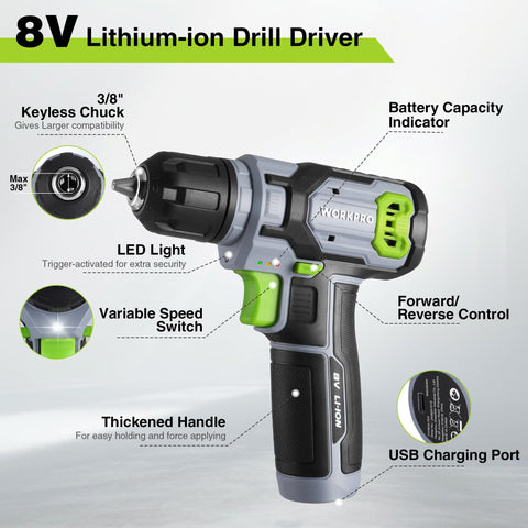 WORKPRO variable speed trigger provides control from 0 to 800 rpm for accuracy.
