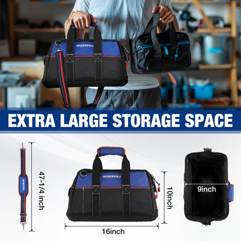 WORKPRO tool bag with waterproof molded base protects tools on damp days.
