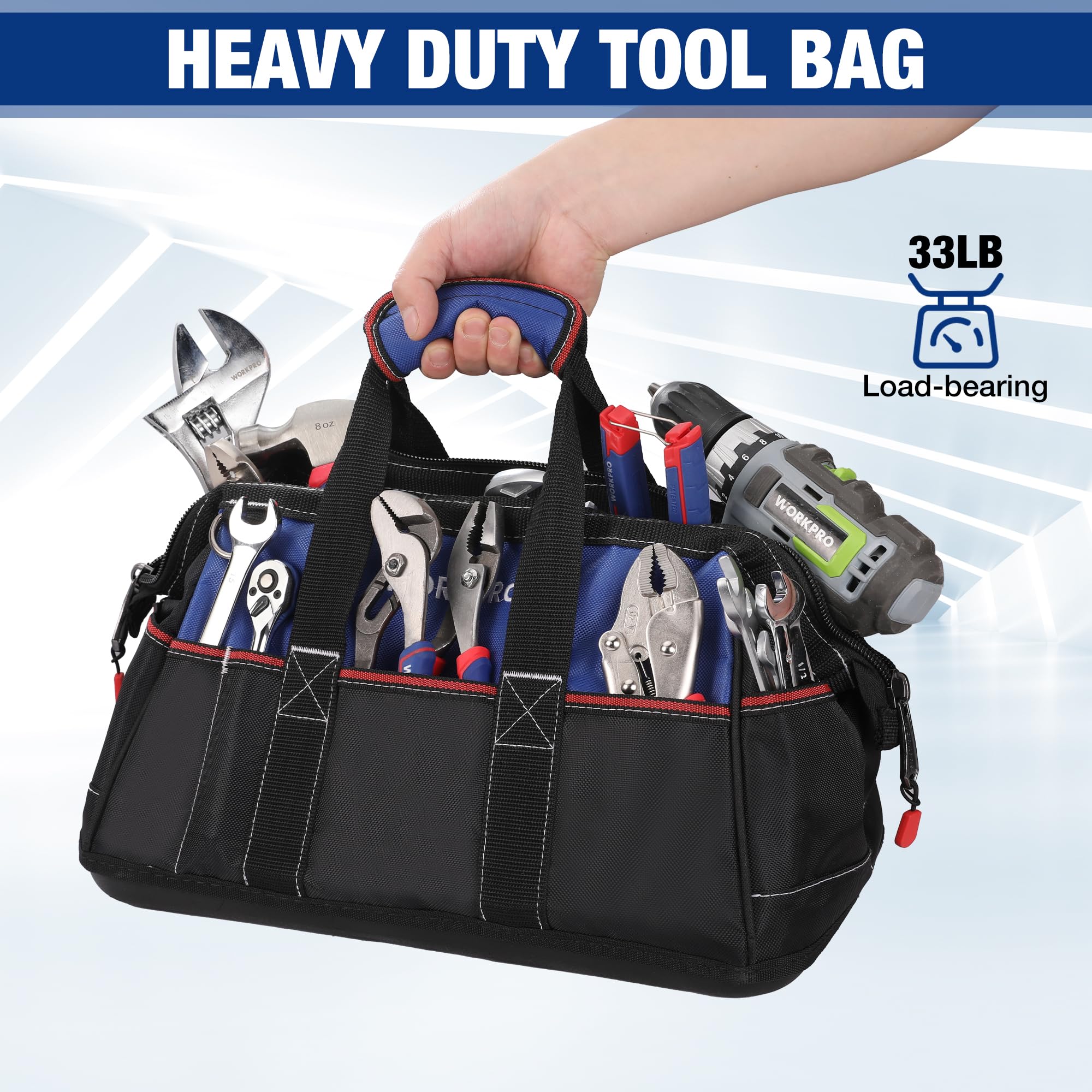 Wide-mouth design with internal frame facilitates easy loading of tools.