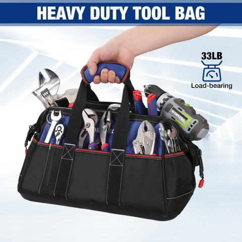 Wide-mouth design with internal frame facilitates easy loading of tools.