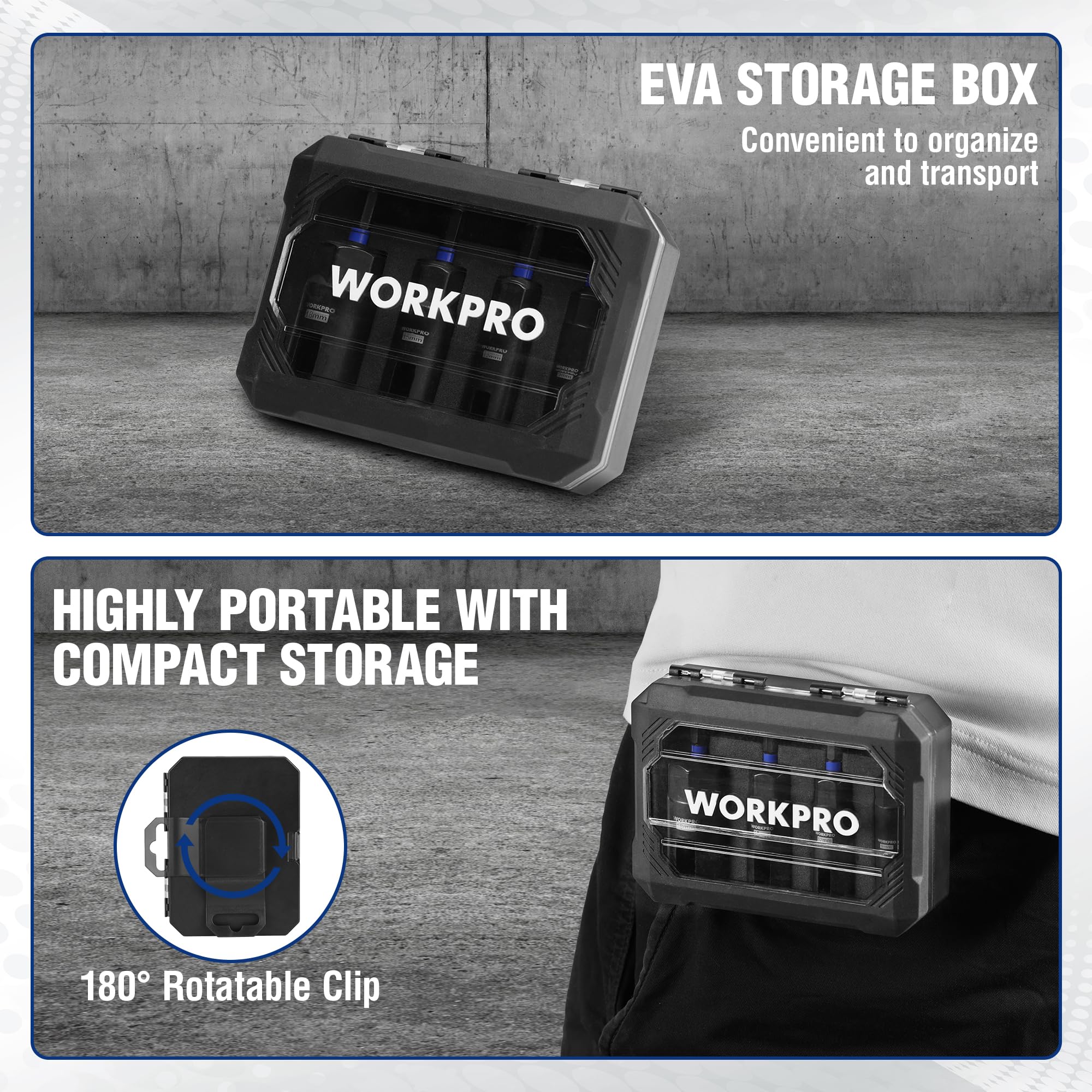WORKPRO belt clip keeps the driver set handy on the job.