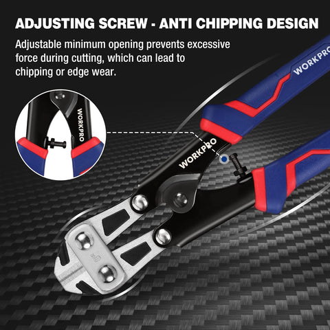 Close-up of WORKPRO wire cutter showing durable drop-forged steel and heat treatment.