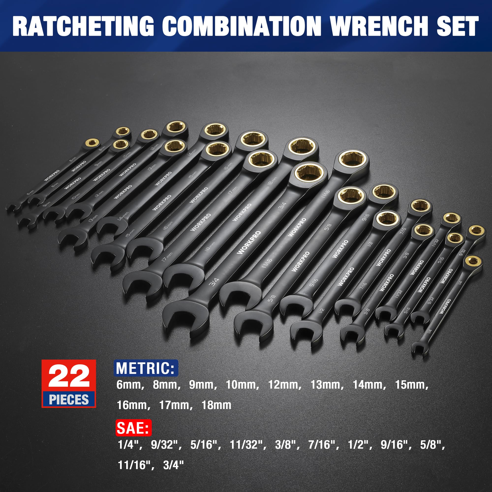 WORKPRO wrench set with black electrophoretic coating for rust resistance.