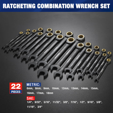 WORKPRO wrench set with black electrophoretic coating for rust resistance.