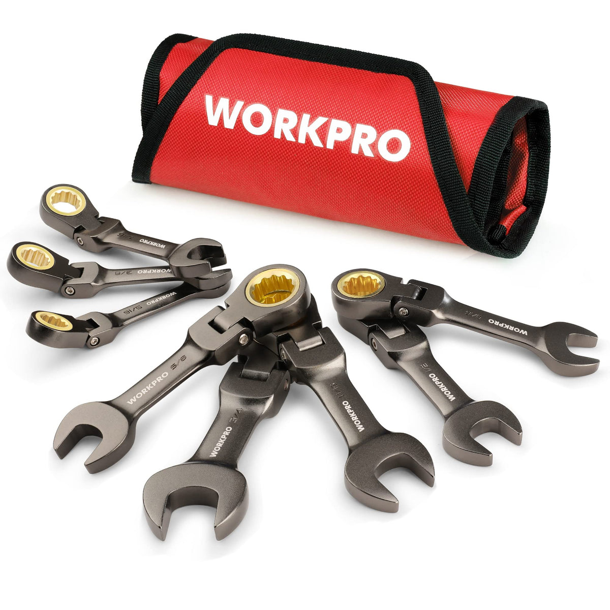 WorkPRO 8-piece wrench set with rolling pouch for easy transport.