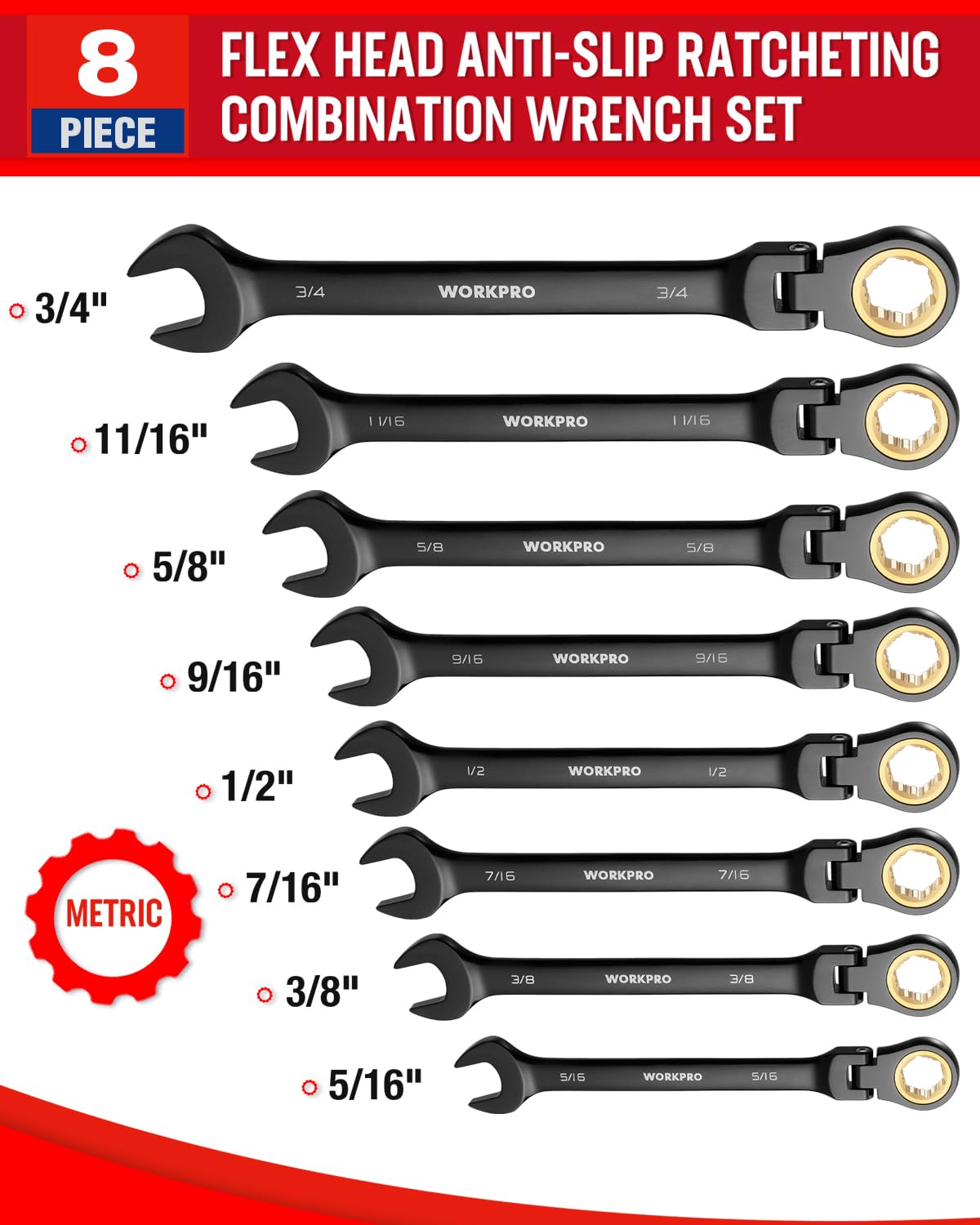 Wrenches sized 5/16 to 3/4 inch cover common automotive fasteners