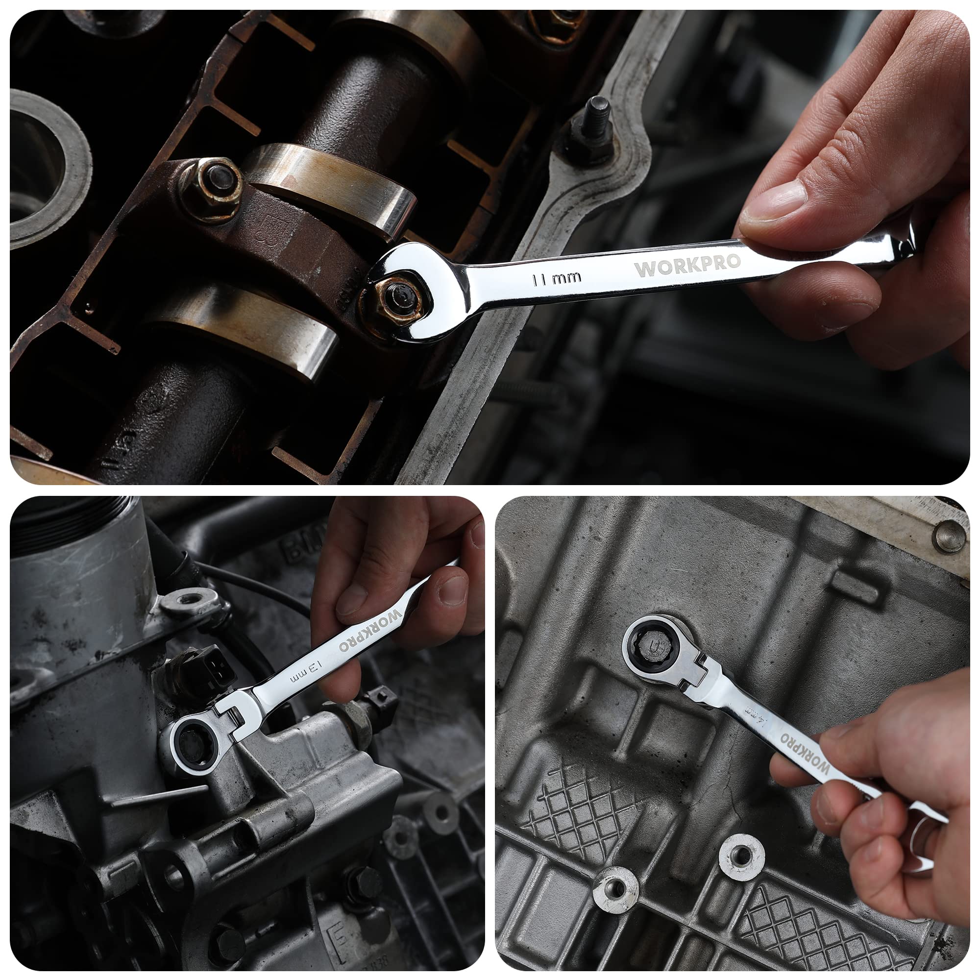 WORKPRO wrenches in auto and bike maintenance scenarios.