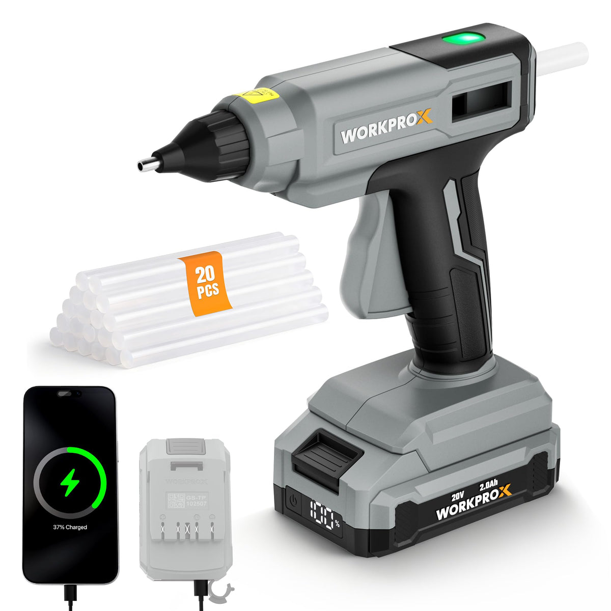 WORKPROX cordless hot glue gun front view for quick bonding in DIY projects