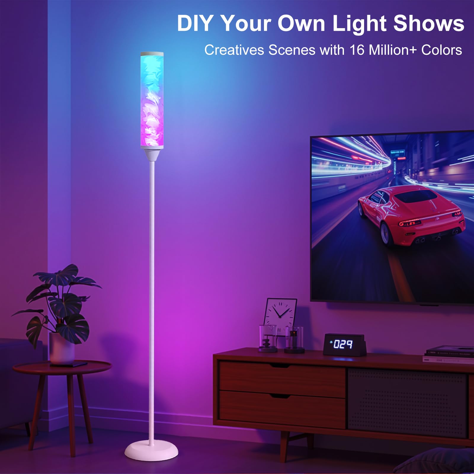 WORLD WIN Prism Glow Floor Lamp in RGB mode delivering vibrant evening lighting