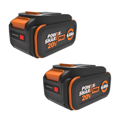 WORX PowerShare Pro 4.0Ah battery front view showing compact design and extended runtime.