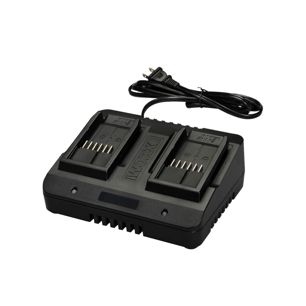 WORX WA3770 dual-port charger in use, speeds two-battery charging for on-site efficiency