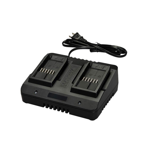 WORX WA3770 dual-port charger in use, speeds two-battery charging for on-site efficiency