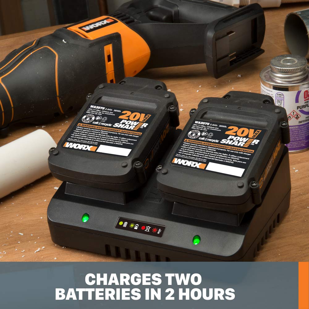 WORX WA3770-compatible batteries being charged, ideal for Power Share versatility
