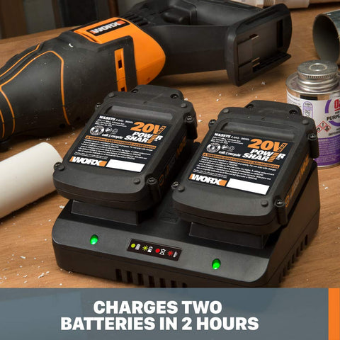 WORX WA3770-compatible batteries being charged, ideal for Power Share versatility