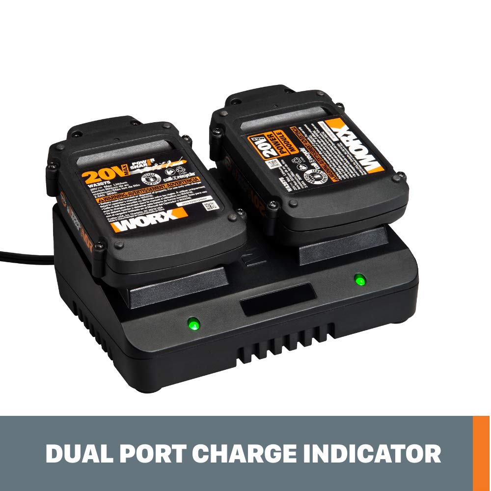WORX WA3770 charges two batteries quickly to support longer lawn care sessions