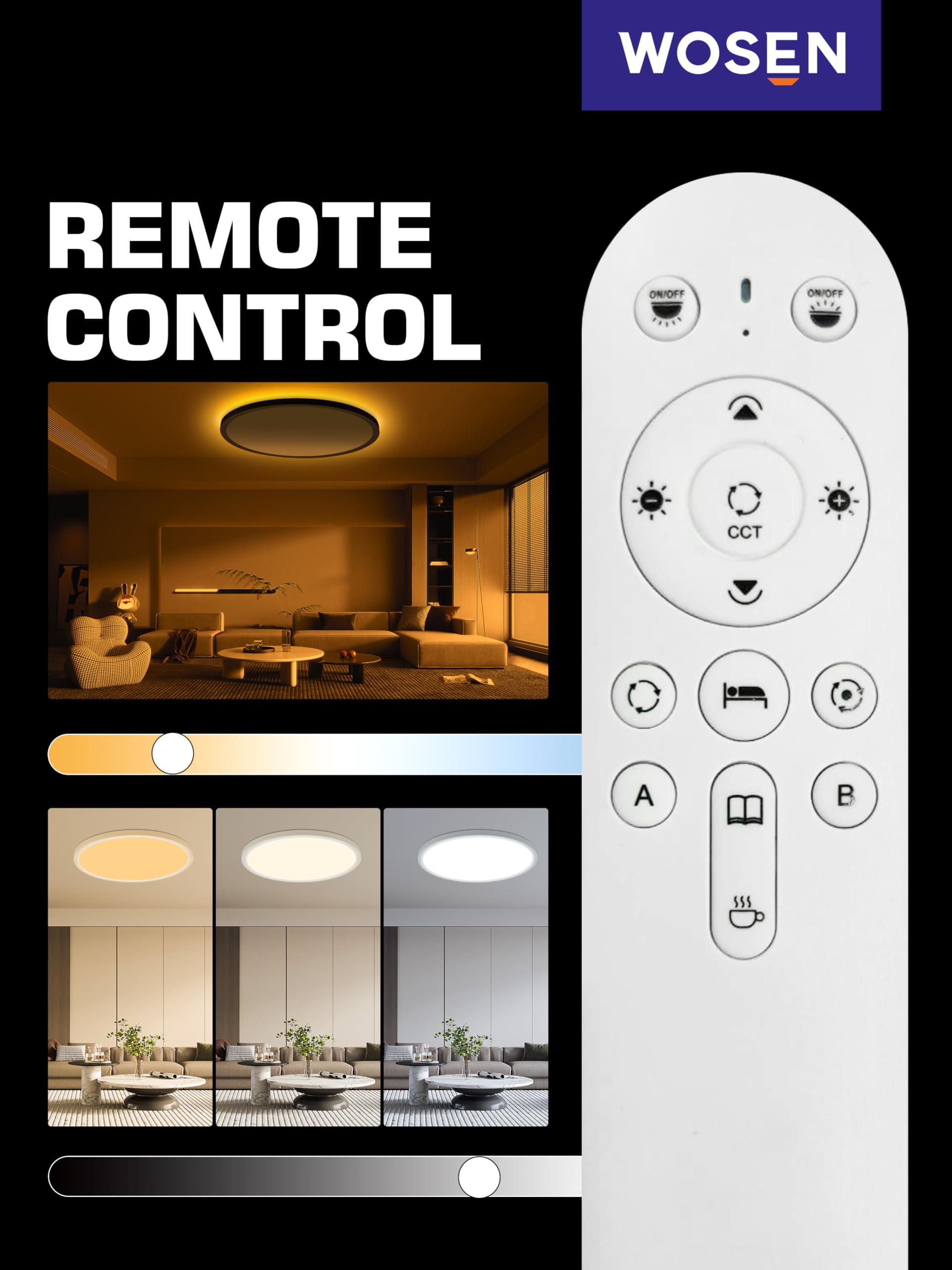 Wosen 12-inch RGB ceiling light color customization option in room setting.
