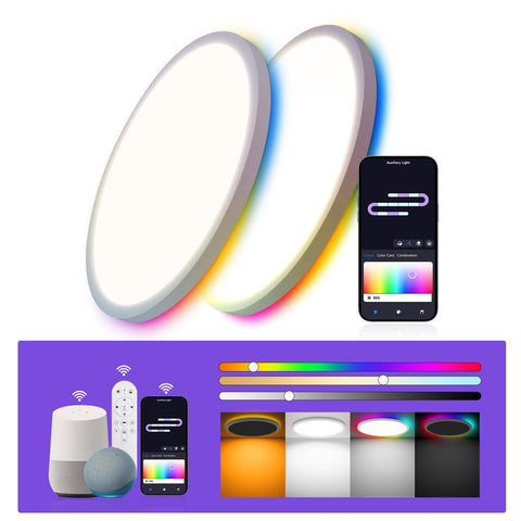 Wosen 12-inch RGB ceiling light front view with slim profile and vibrant color options.
