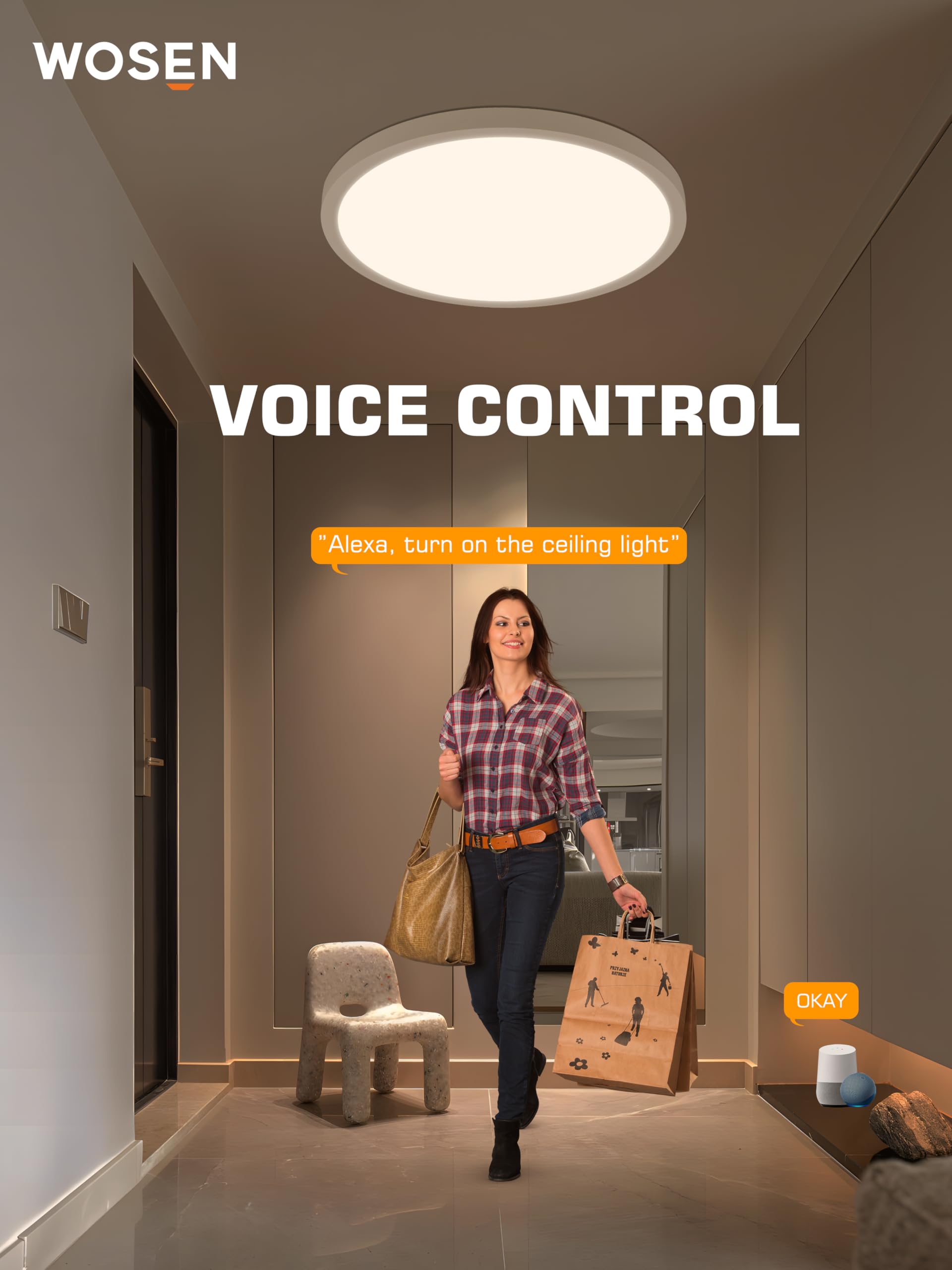 Wosen 12-inch RGB ceiling light remote-control for quick color changes.