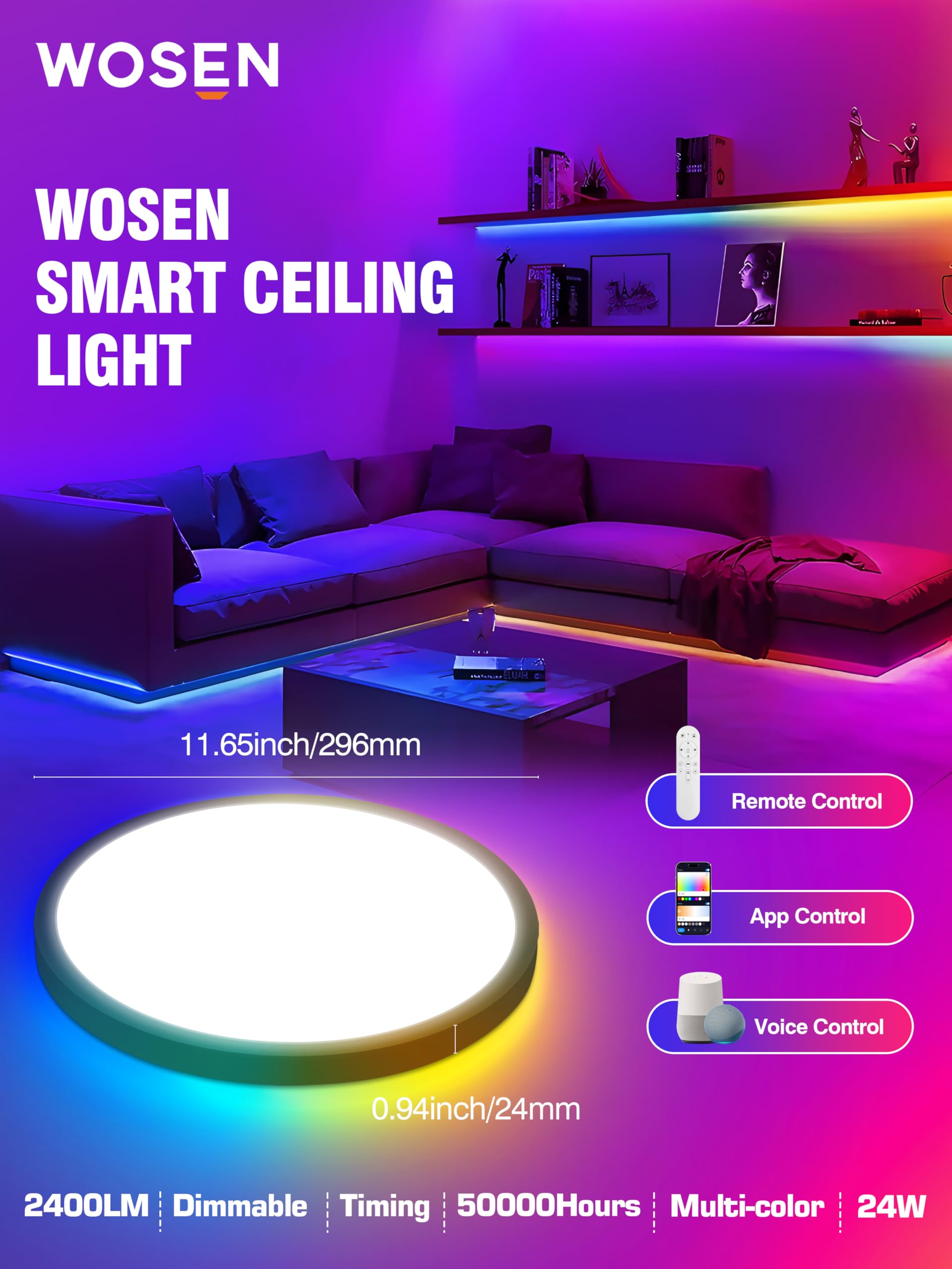Wosen 12-inch RGB ceiling light in a living room scene for ambient color control.