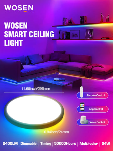 Wosen 12-inch RGB ceiling light in a living room scene for ambient color control.