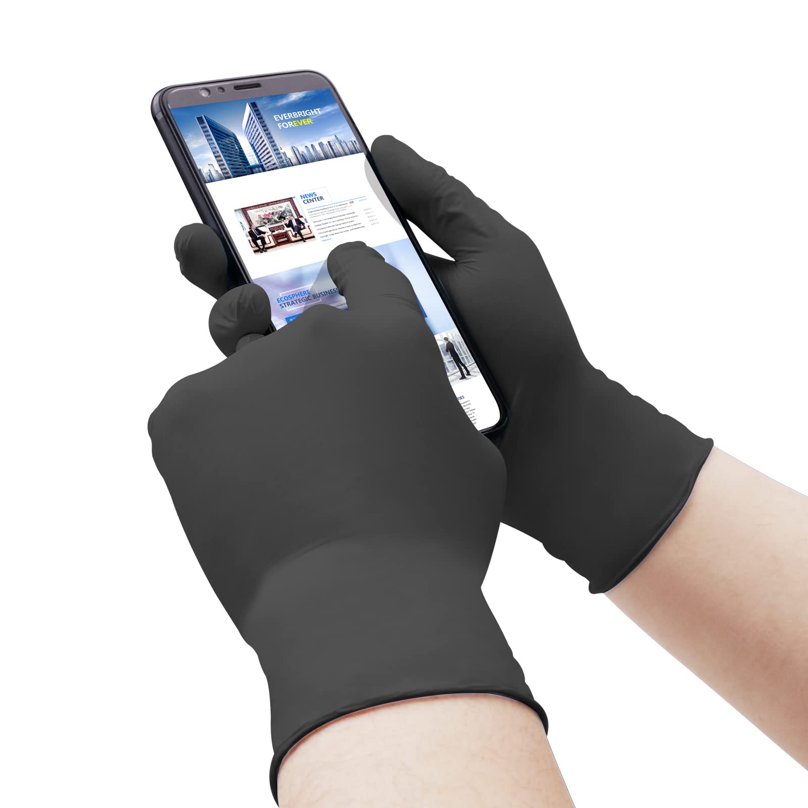 Wostar XL nitrile gloves worn, touchscreen-compatible for dexterous use.