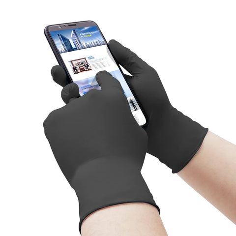 Wostar XL nitrile gloves worn, touchscreen-compatible for dexterous use.
