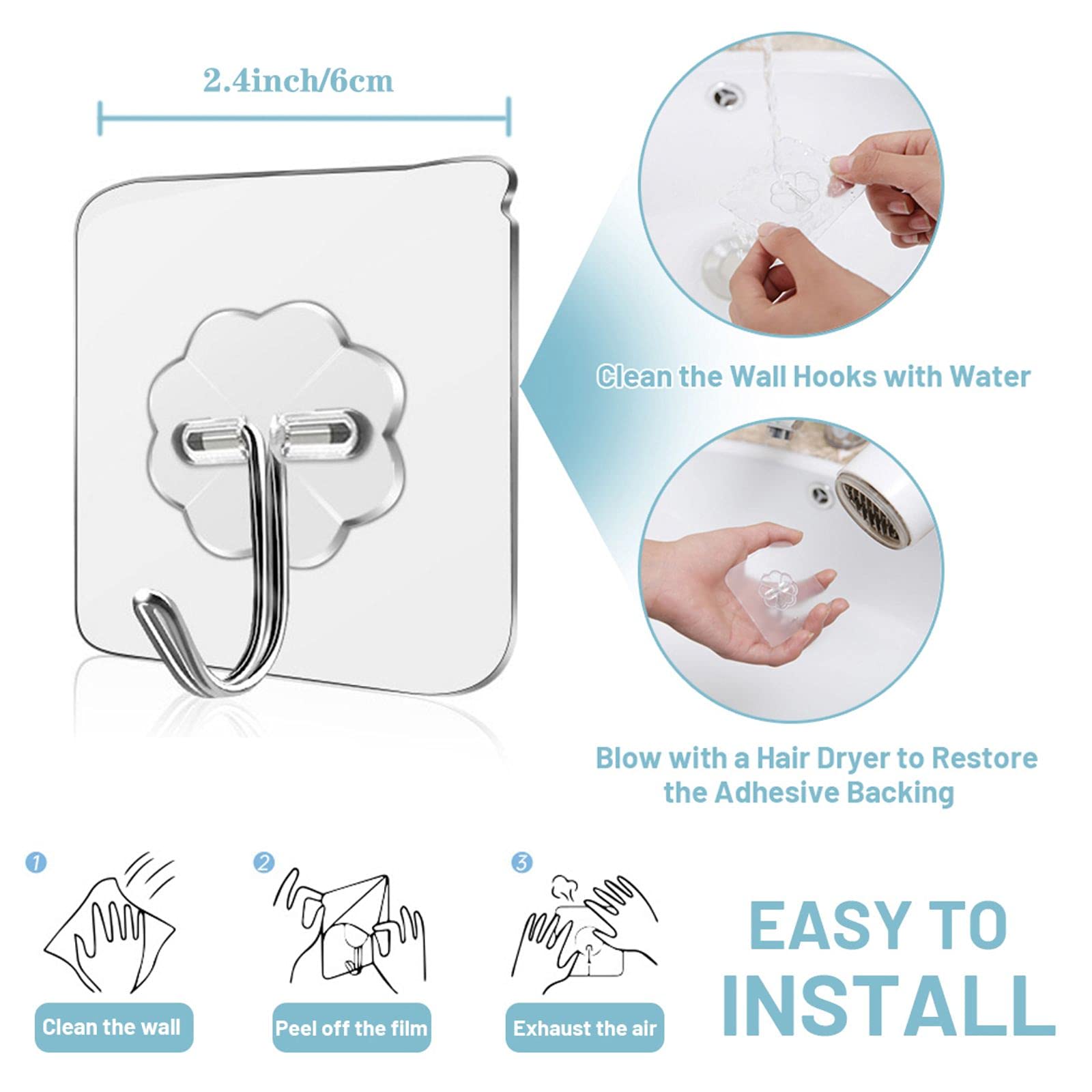 WOVU versatile hooks fit glass, metal, tile, wood surfaces.
