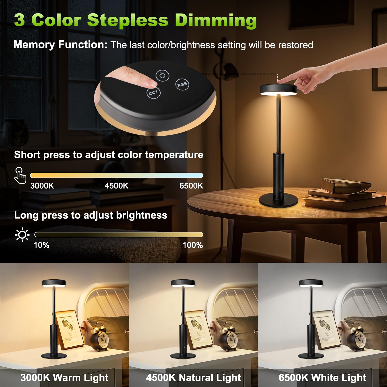 Wowag table lamp showing 3 colors stepless dimming for tailored ambience