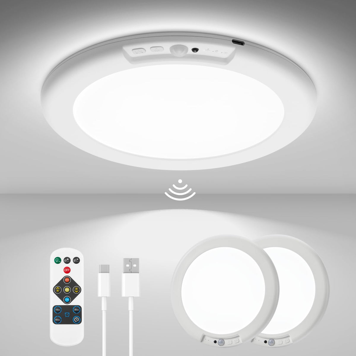 Wowatt 2-pack ceiling light kit ready for wireless installation in closets or showers.