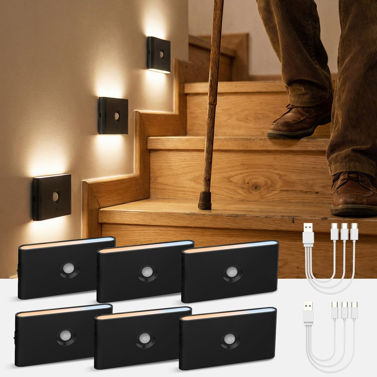 wowatt 6-pack rechargeable stair light with motion sensor for safe night trips