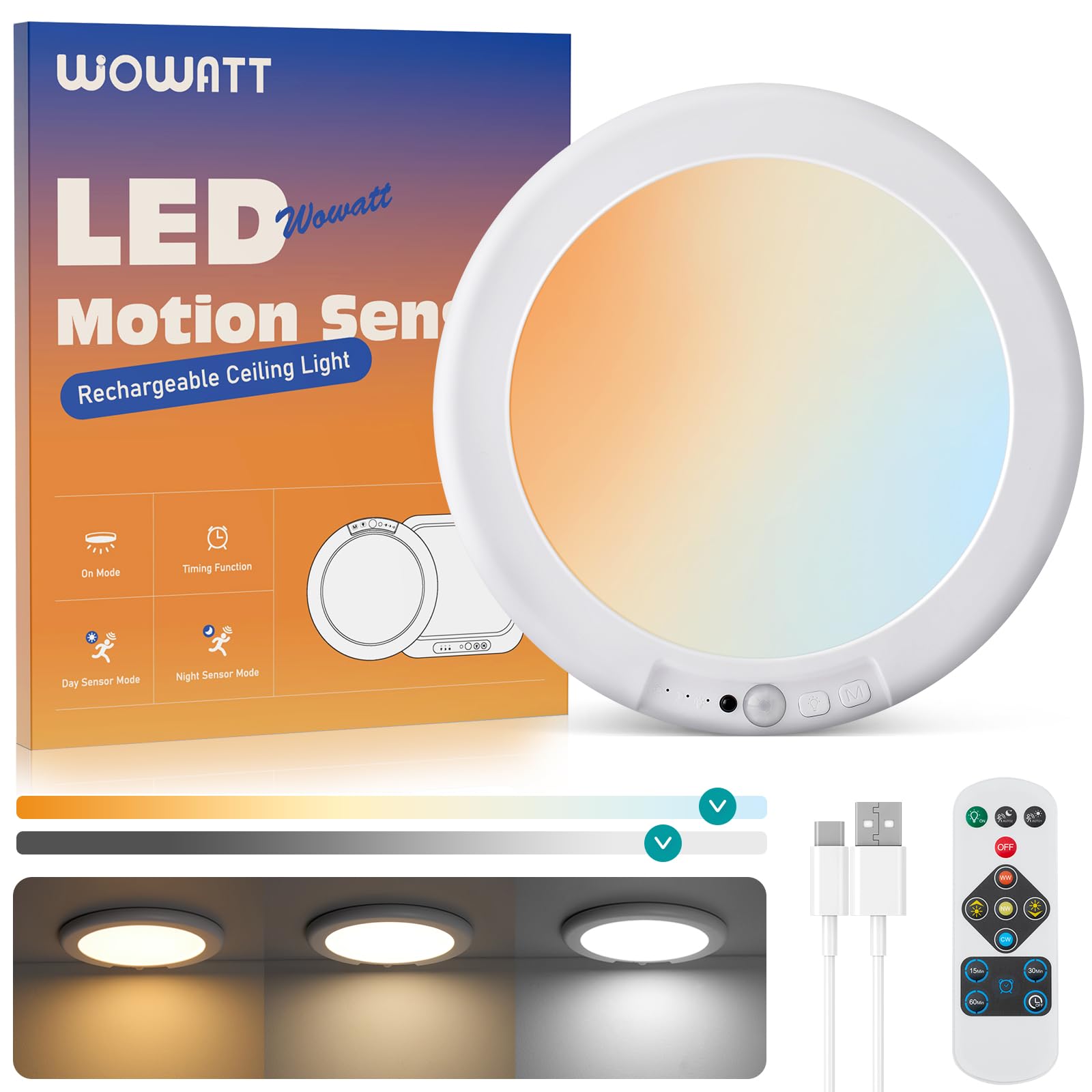 WOWATT battery ceiling light with remote control in a living room for convenient operation