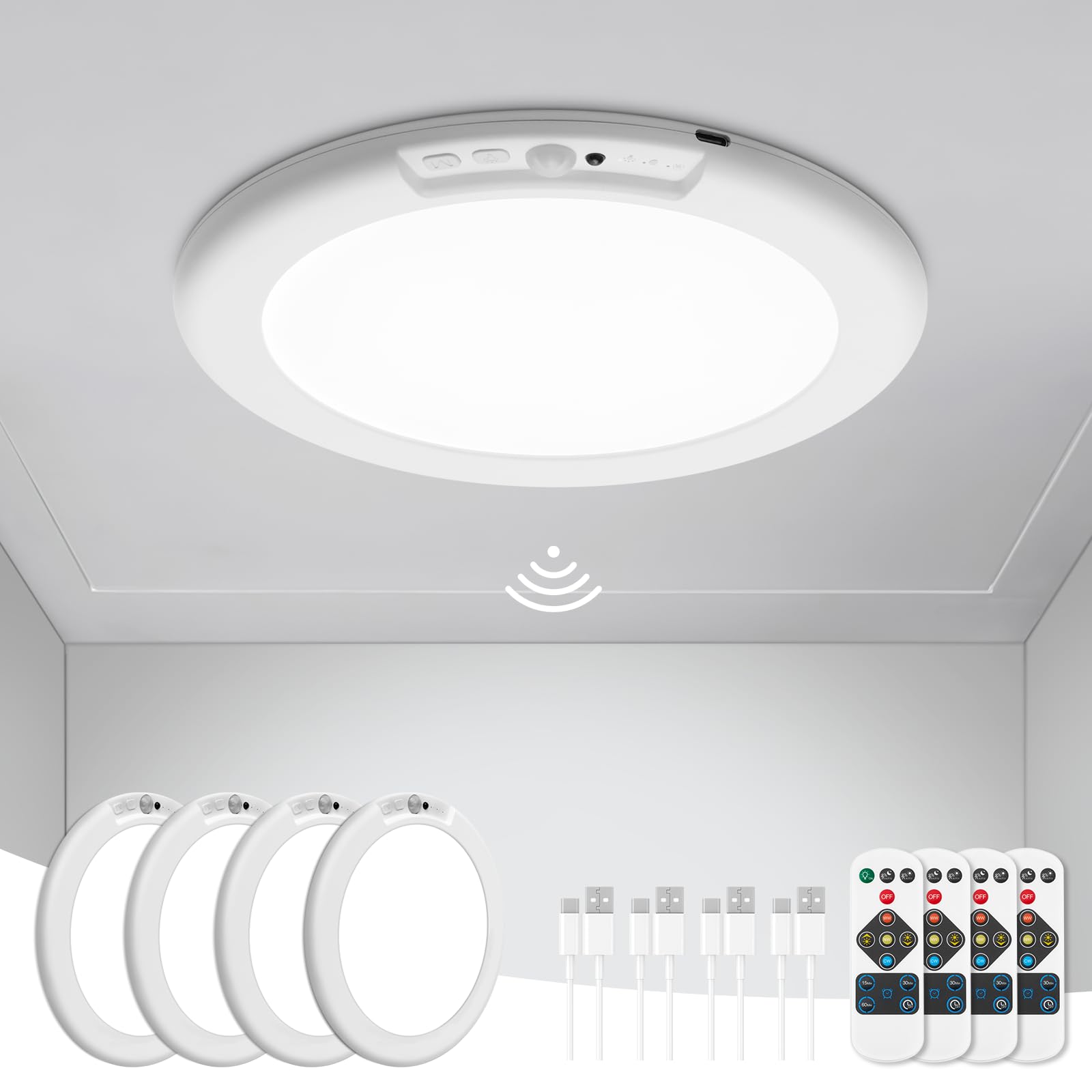 wowatt four-pack battery ceiling lights for easy wireless installation and energy savings.