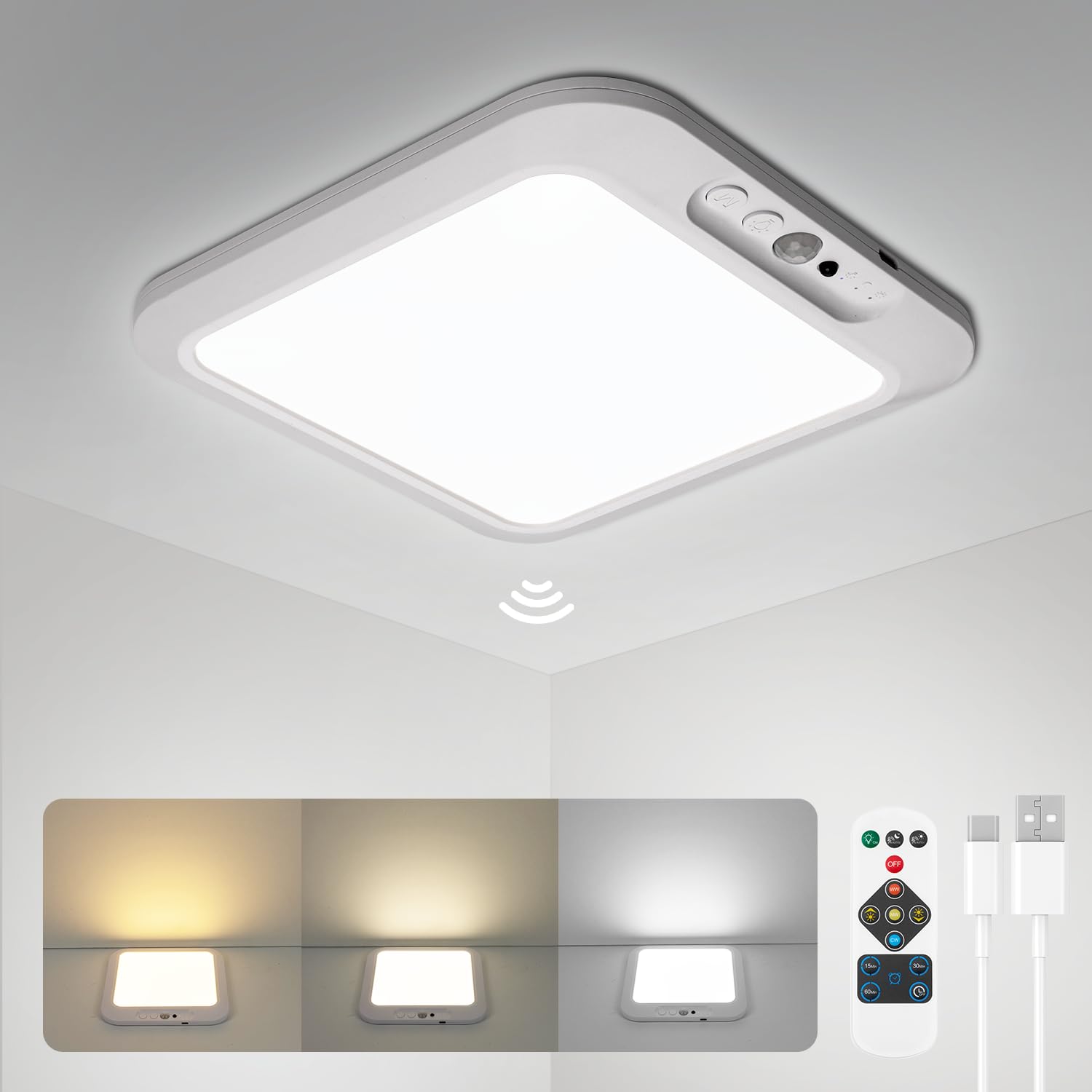 wowatt rechargeable ceiling light with motion sensor for cordless room illumination.