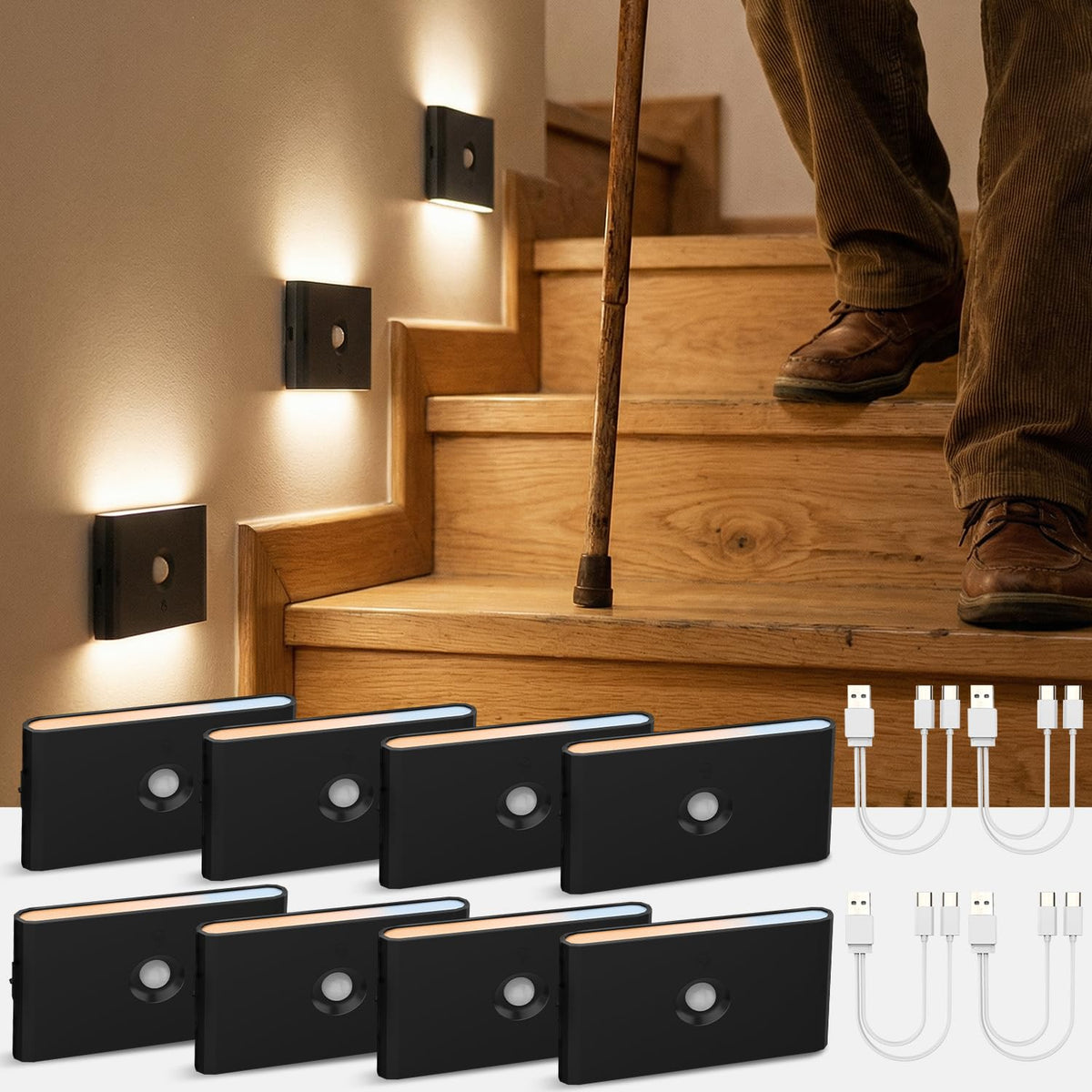 Wowatt rechargeable motion sensor stair light with magnetic mount for easy placement.